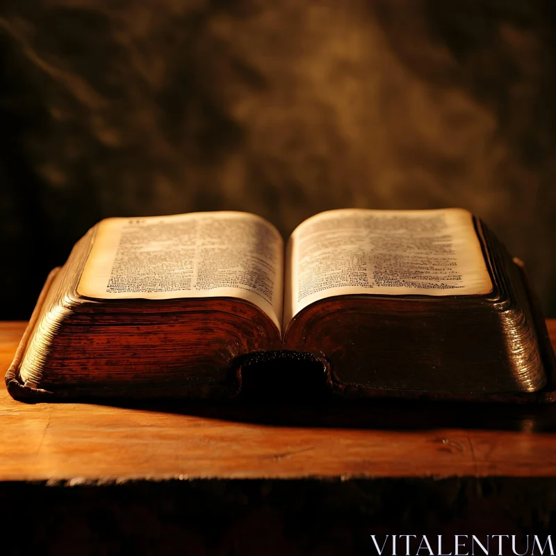 Illuminated Antique Bible on Wooden Platform AI Image