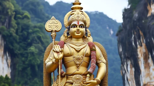 Golden Deity Statue in Lush Landscape