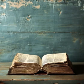 Vintage Book with Aged Pages and Blue Background