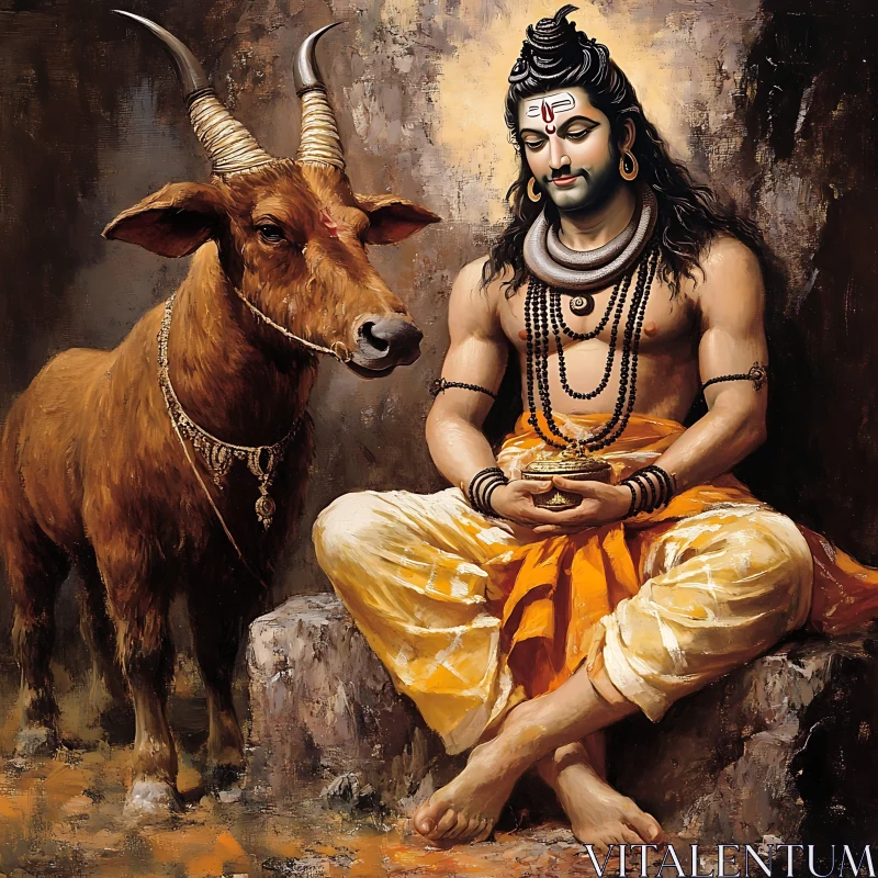 AI ART Spiritual Deity Meditation with Cow - Traditional Painting