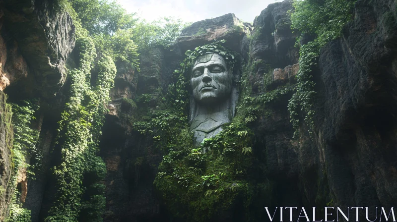 Mystical Stone Face in Green Cliffside AI Image