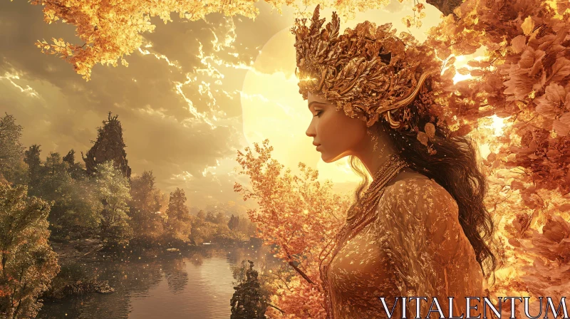 Golden-Hued Goddess in Enchanted Forest AI Image