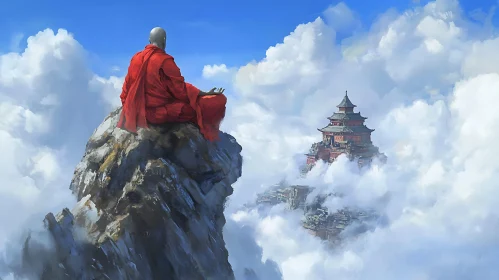 Mountaintop Meditation with Temple in Clouds