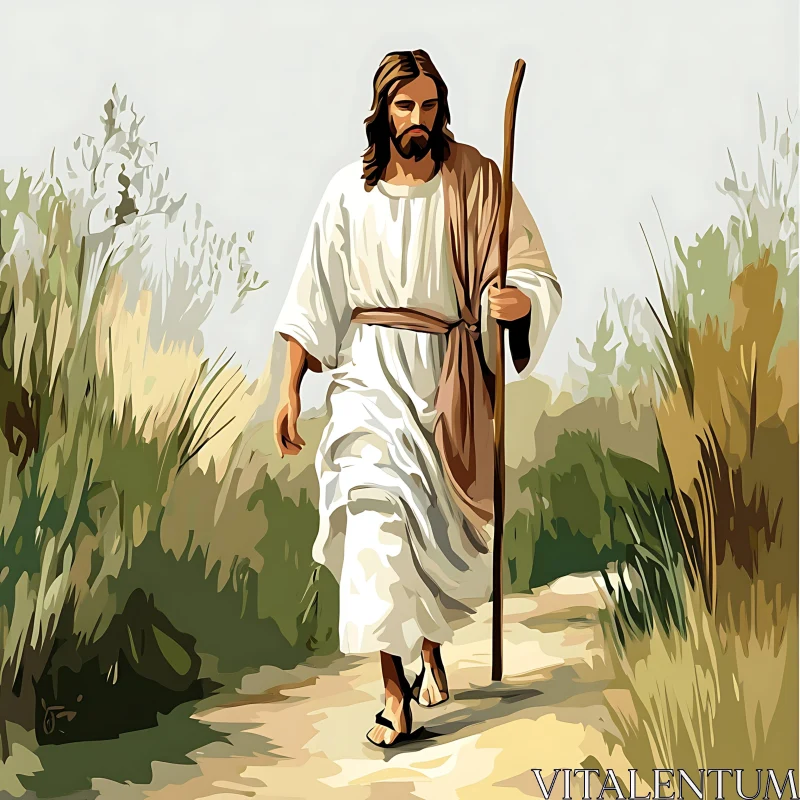 Religious Figure in White Robe Walking through Natural Scenery Religious Figure in White Robe Walking through Natural Scenery