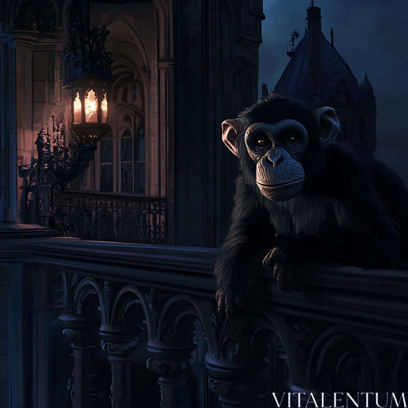 Nighttime Chimpanzee Sitting on Gothic Balustrade AI Image