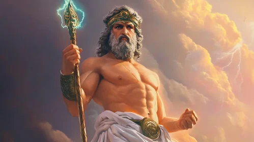 Majestic Greek Deity Holding Thunderbolt in Cloud-Filled Sky