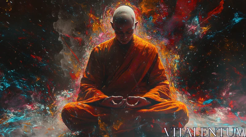 Tranquil Monk in Meditation with Abstract Energy Burst Tranquil Monk in Meditation with Abstract Energy Burst