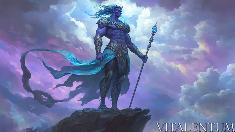 Mystical Warrior with Staff Against Dramatic Sky Mystical Warrior with Staff Against Dramatic Sky