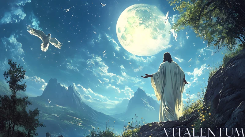 Moonlit Serenity with Figure and Birds Moonlit Serenity with Figure and Birds