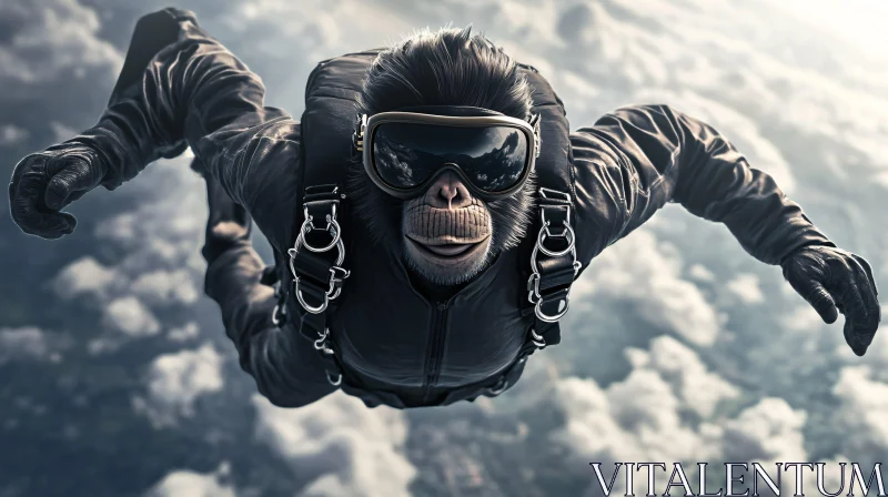 Chimpanzee in Skydiving Gear Freefalling Through Sky Chimpanzee in Skydiving Gear Freefalling Through Sky
