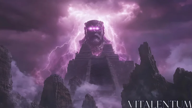 Ominous Scene of Giant Statue Amidst Purple Lightning AI Image