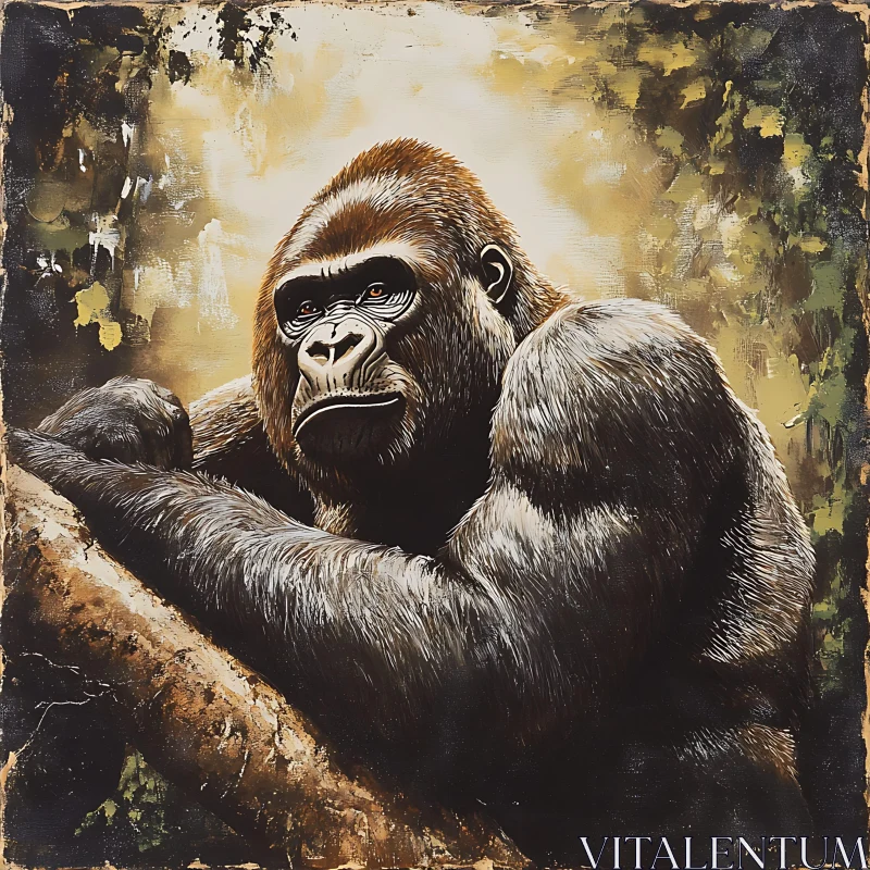 Gorilla Resting on Tree Branch Painting AI Image