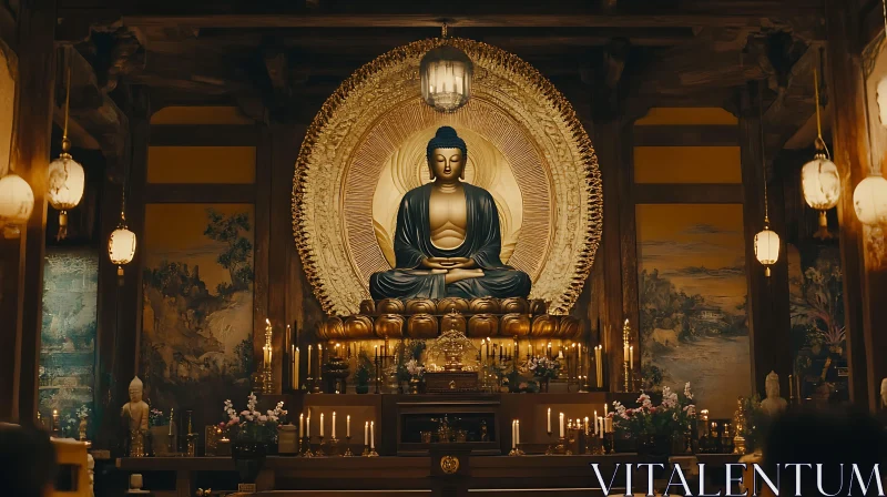 AI ART Golden Buddha Statue in Traditional Shrine