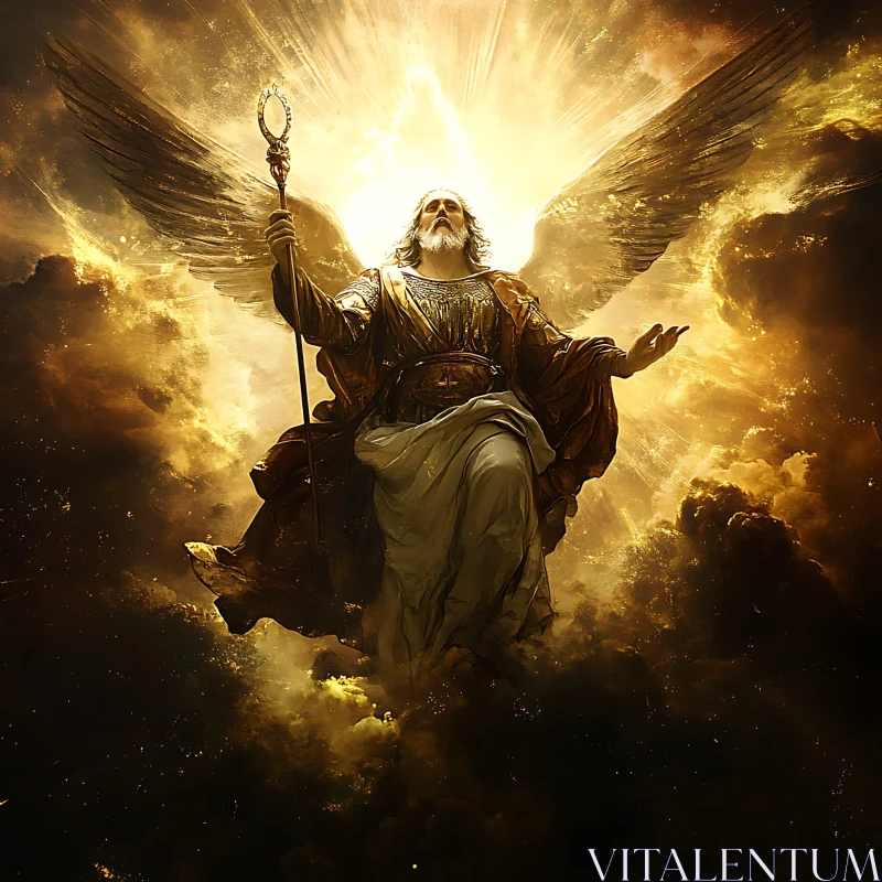 Divine Angel with Sunburst and Clouds AI Image