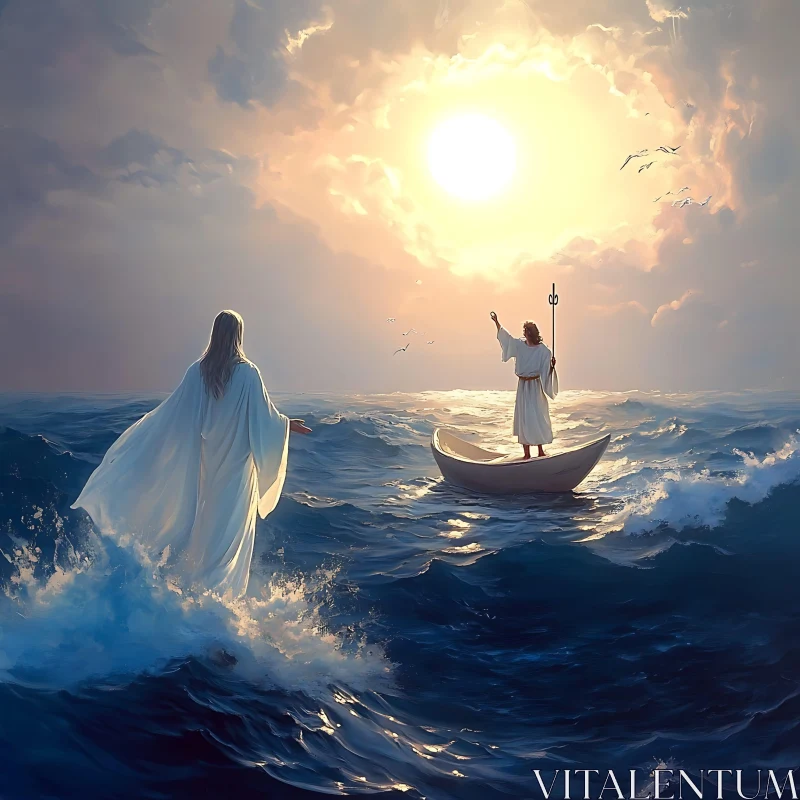 Figures in White Robes on Tranquil Sea Under Sunlight AI Image