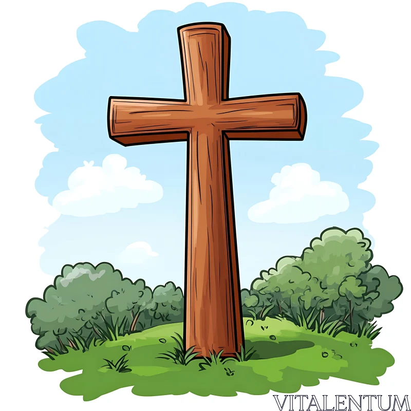 Tall Wooden Cross Amidst Nature AI Image