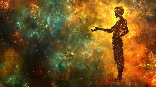 Human Figure in Colorful Cosmic Nebula