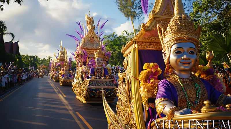 Vibrant Festival Procession with Decorative Floats and Statues AI Image