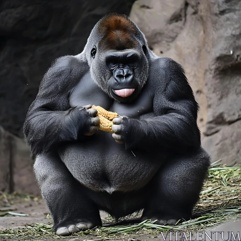 Gorilla Enjoying Corn in Nature AI Image