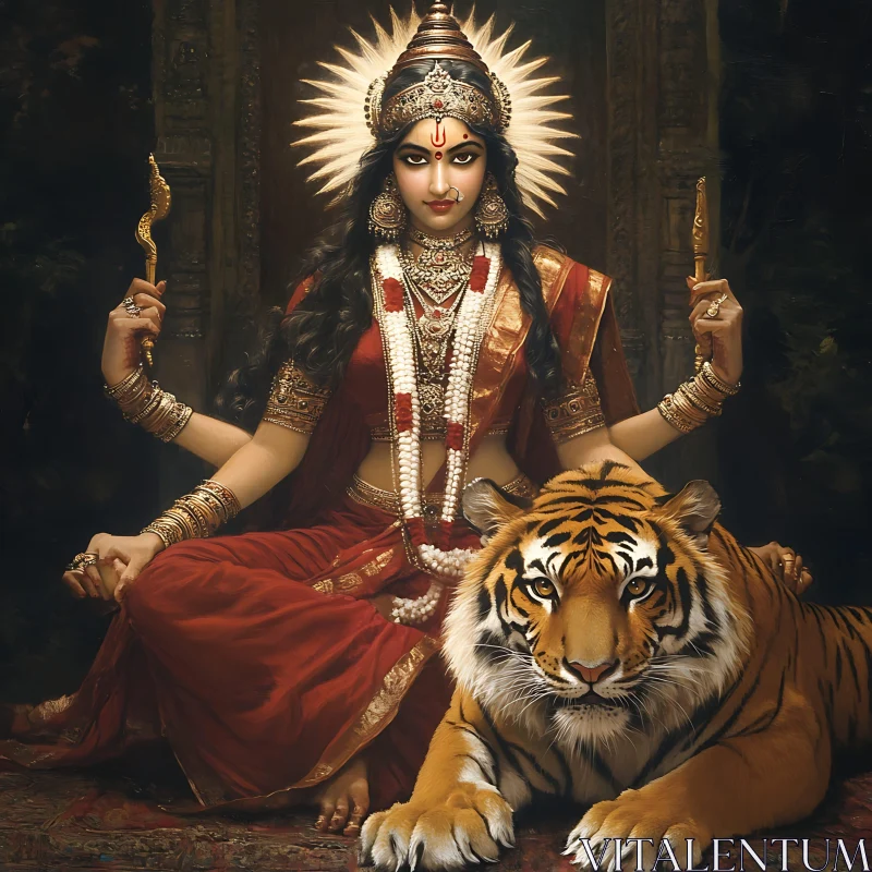 Divine Majesty: Goddess with Tiger AI Image