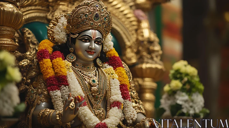 Divine Statue with Golden Ornaments and Flower Garlands AI Image