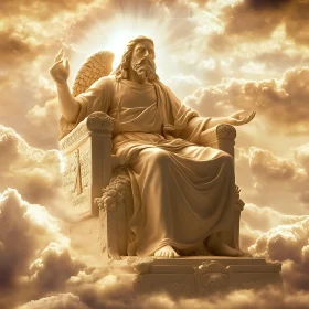 Celestial Angel Sitting on a Throne in Golden Cloudscapes