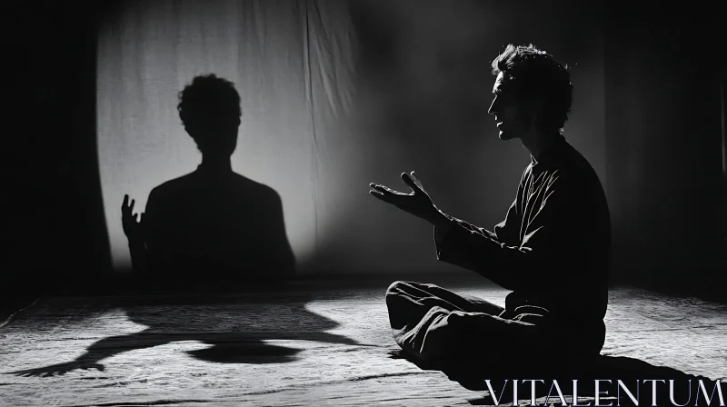 Contemplative Shadow Meditation in Black and White AI Image