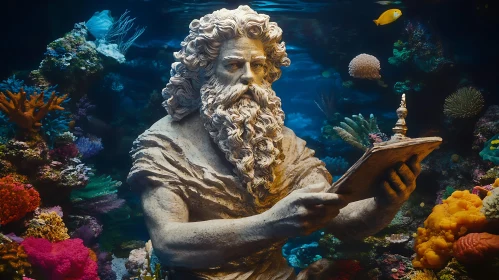 Surreal Underwater Coral Reef with Man Statue