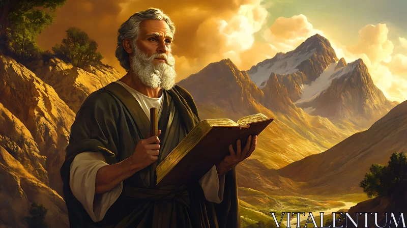 AI ART Wise Elder with Book in Majestic Mountain Landscape