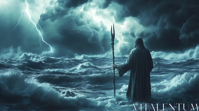 Figure With Trident in Thunderstorm Over the Ocean AI Image