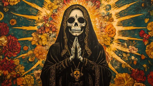 Skeleton in Prayerful Pose with Radiant Floral Background