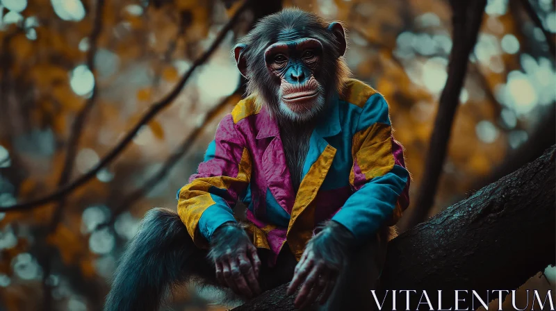 Wild Monkey in Vibrant Jacket Amidst Forest Setting AI Image