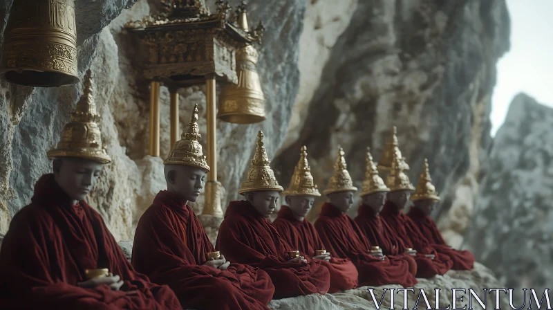 Serene Monks in Rich Red Robes and Golden Hats AI Image