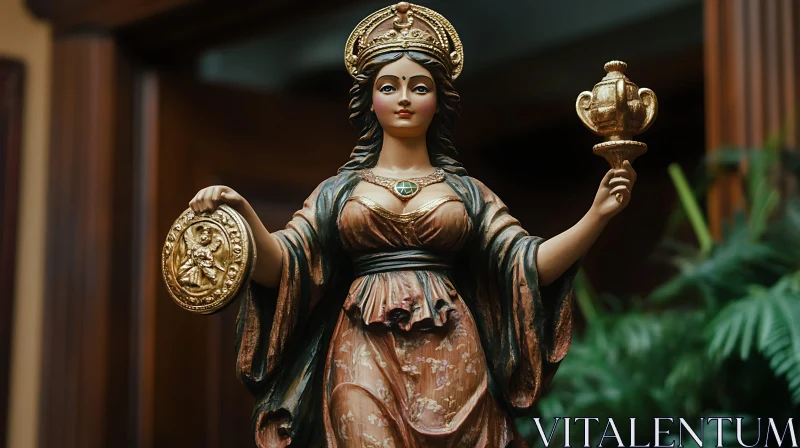 Ornate Female Statue with Medallion and Cup AI Image