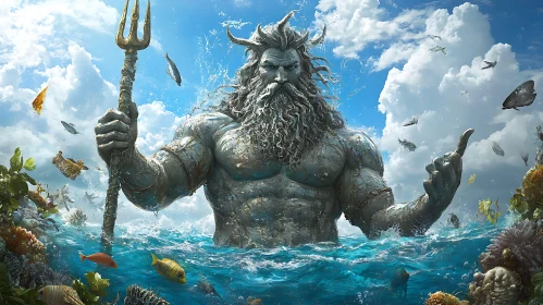 Powerful Sea God Poseidon with Trident in Vibrant Ocean