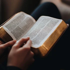 Hands Holding and Reading a Gold-Edged Book