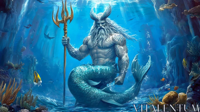 AI ART Aquatic Merman God with Trident in Underwater World