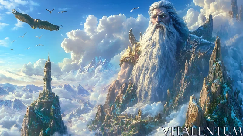 Fantasy Giant Overlooking Mountain Fortress AI Image