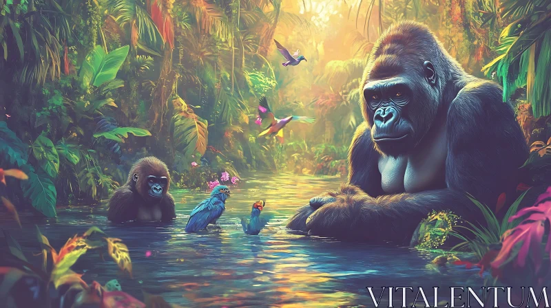 AI ART Peaceful Wild Jungle with Gorillas and Birds