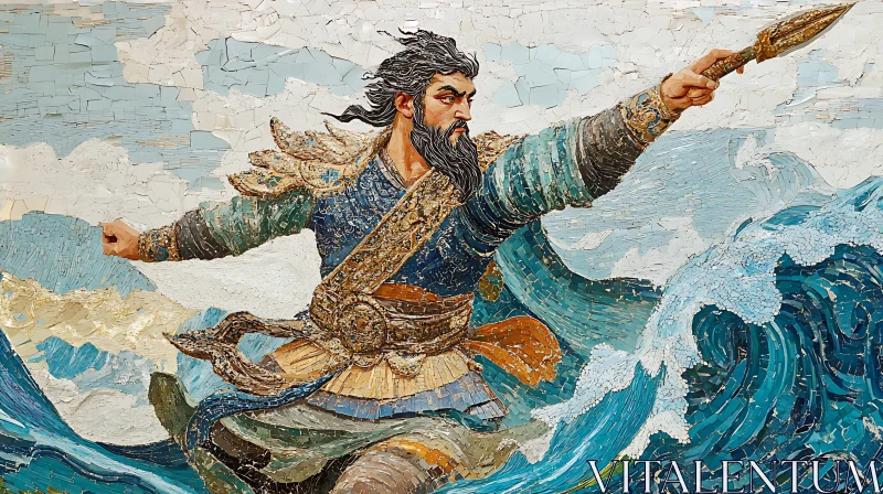 AI ART Warrior Facing Stormy Waves Mosaic