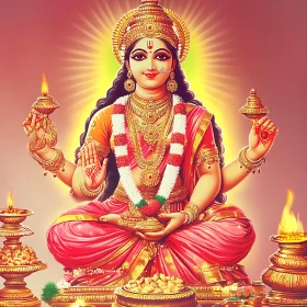 Hindu Deity with Golden Aura and Traditional Attributes