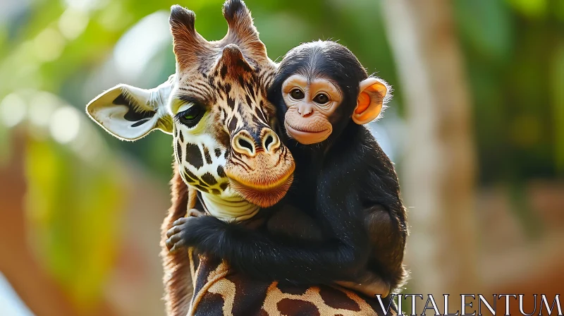 Adorable Interaction Between a Monkey and a Giraffe AI Image