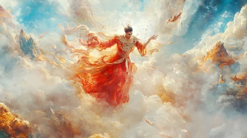 Elegant Figure in Red Dress Floating in Surreal Cloudscape