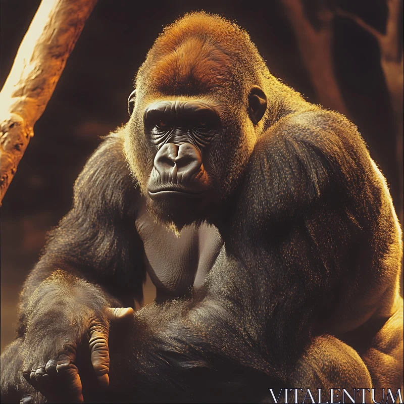 Gorilla in Thoughtful Pose with Jungle Background AI Image