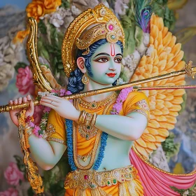 Vibrant Traditional Deity Artwork with Flute