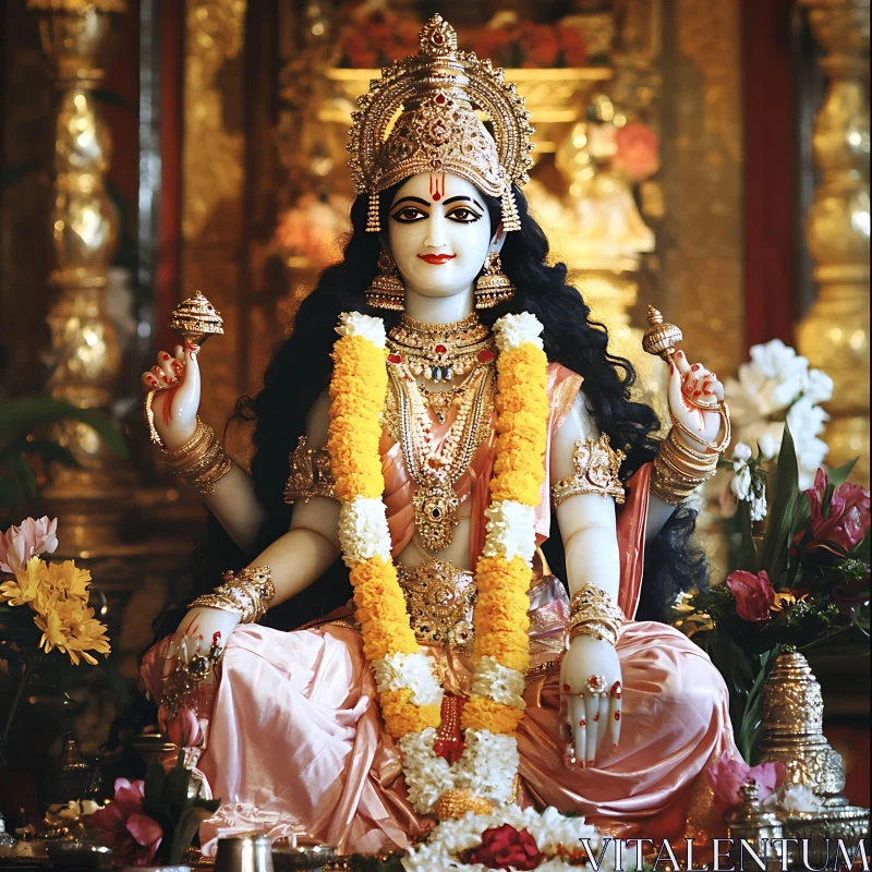 Adorned Hindu Goddess Statue in Temple AI Image