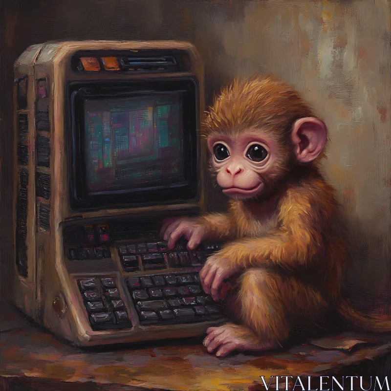 AI ART Adorable Monkey at Retro Computer