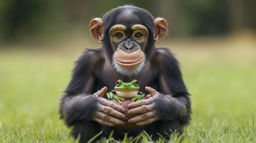 Chimpanzee and Frog in Grass Field