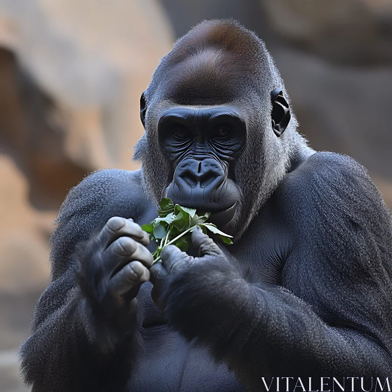 AI ART Gorilla Feeding on Leaves