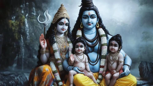 Sacred Depiction of Shiva's Family in a Mystical Forest